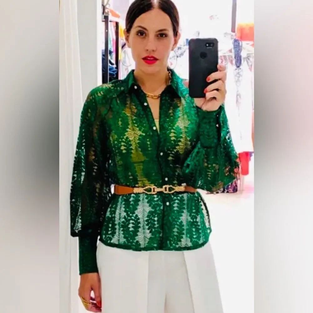 Jealous Tomato Green crochet lace puffy sleeve blouse, S